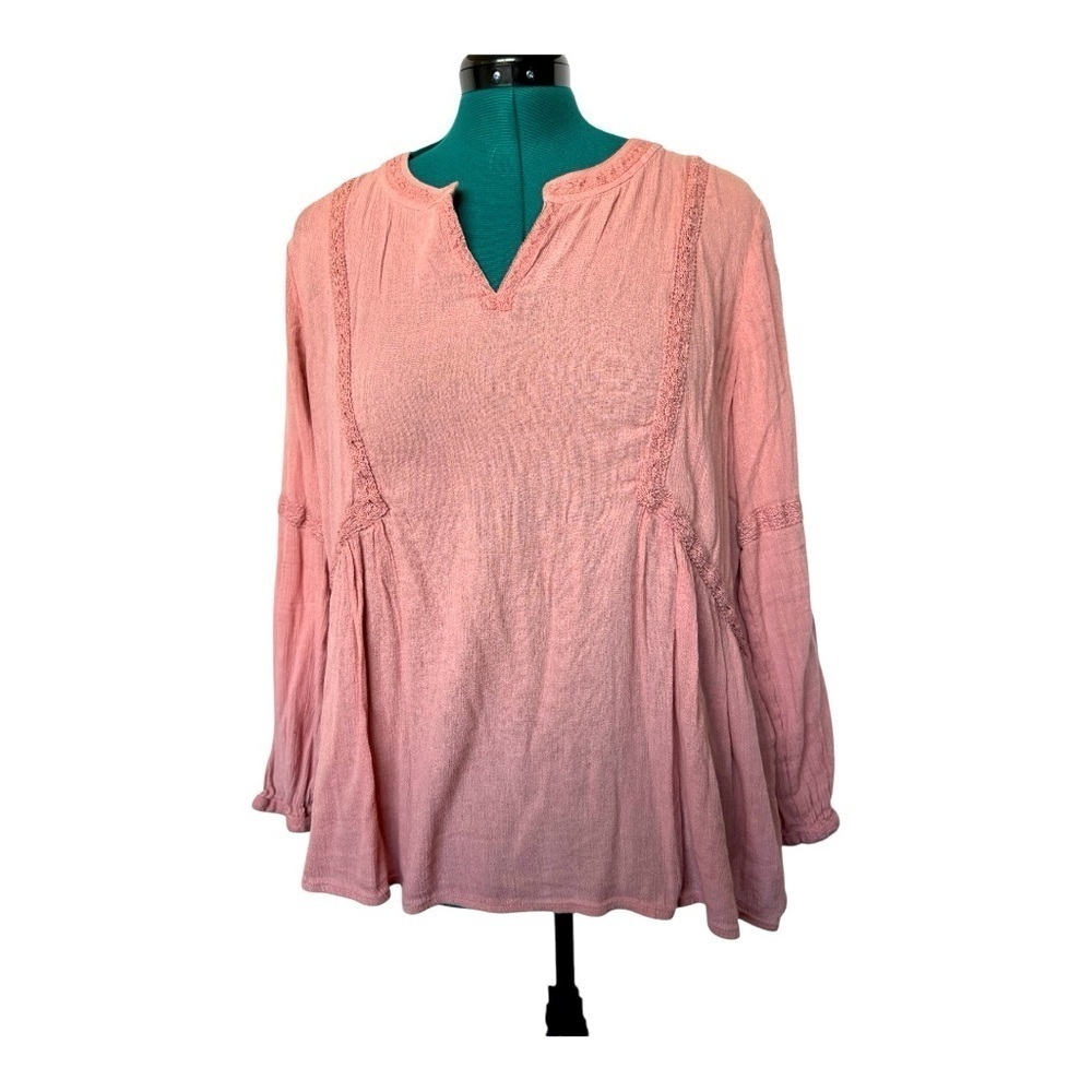 J Jill Women's Pink Blouse Sz M V-neck Long Sleeve with button cuff  Loose fit